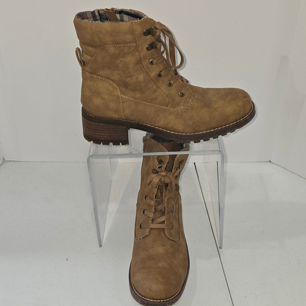Crown Vintage Marley Tan Lace Up Combat Ankle Boots Side Zip Womens 9.5M 5559513